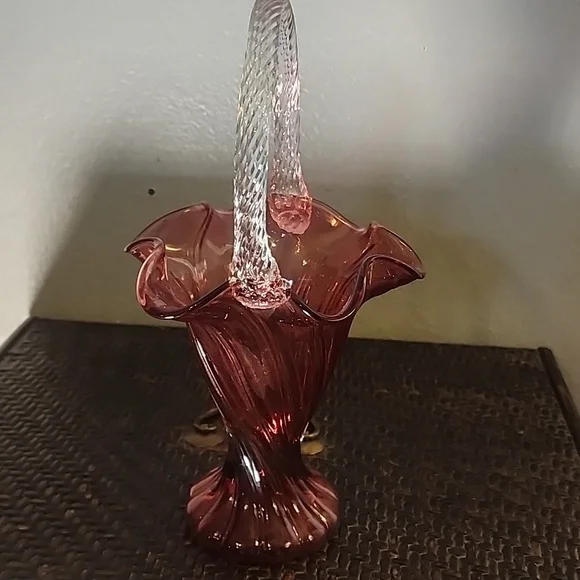 Vintage Fenton Style Glass Basket Vase Cranberry Red Burgundy Vase - Picture 6 of 10